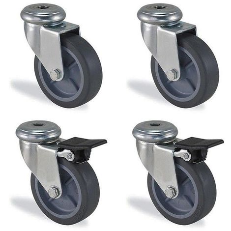 Lot roulettes à oeil pivotante et pivotante à frein caoutchouc gris diamètre 50mm charge 120kg