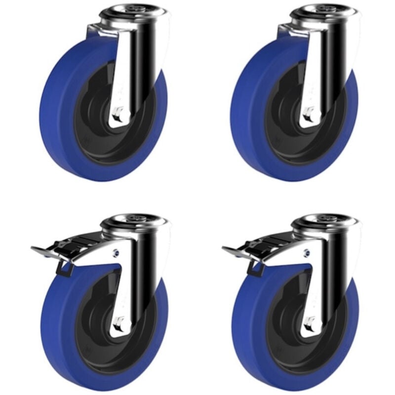 Lot de 4 roulettes à oeil pivotantes et pivotante à frein caoutchouc élastique bleu 125 mm charge 750 Kg
