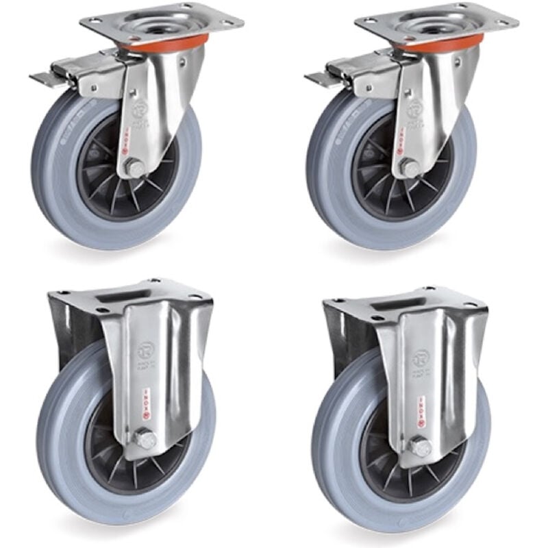 2gt Roues Et Roulettes - Lot de 4 roulettes inox pivotantes à frein et fixes caoutchouc non tachant 80 mm - 150Kg