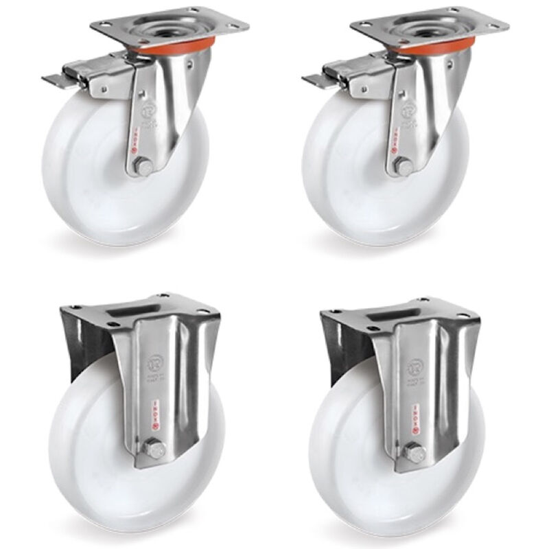 2gt Roues Et Roulettes - Lot de 4 roulettes inox pivotantes à frein et fixes plastique blanc 125 mm - 900 Kg