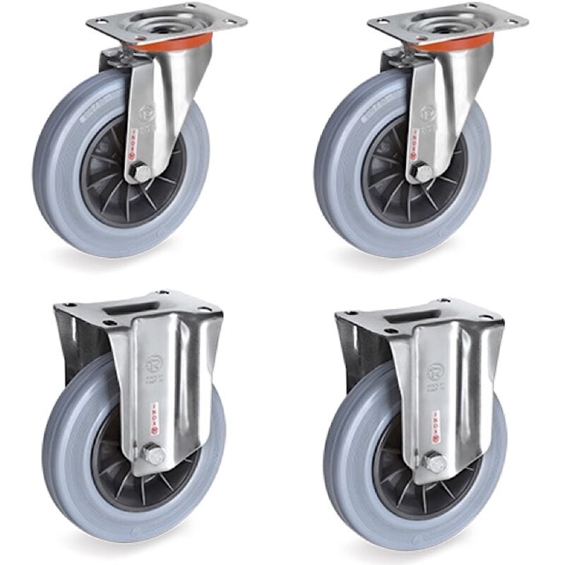 Lot de 4 roulettes inox pivotantes et fixes caoutchouc non tachant 80 mm - 150Kg