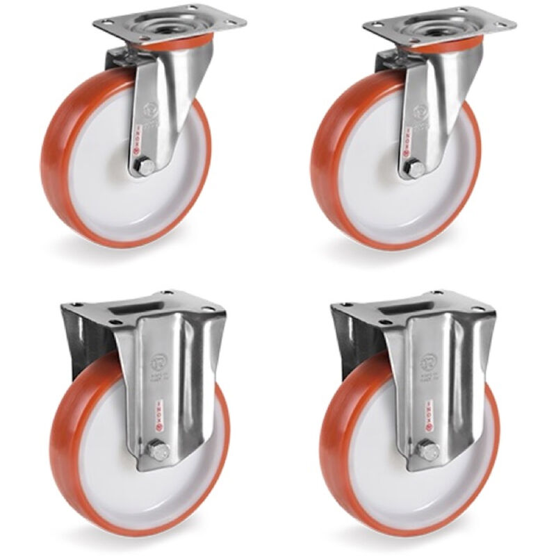 Lot de 4 roulettes inox pivotantes et fixes polyuréthane rouge 125 mm - 660Kg