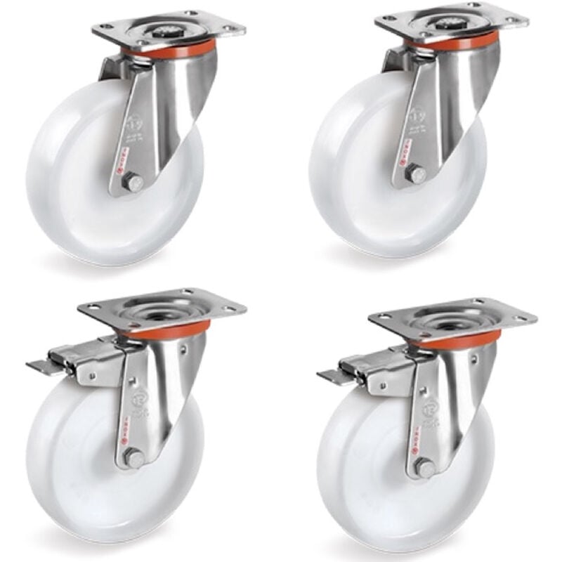 Lot de 4 roulettes INOX pivotantes et pivotantes à frein plastique blanc 100 mm - 600 Kg