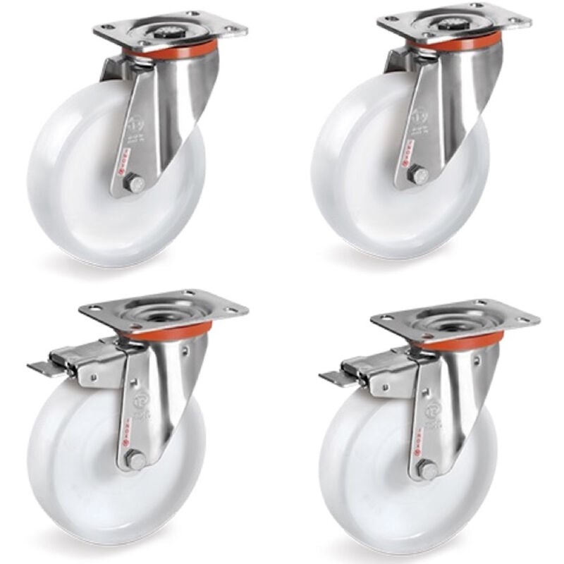 2gt Roues Et Roulettes - Lot de 4 roulettes inox pivotantes et pivotantes à frein plastique blanc 80 mm - 450 Kg