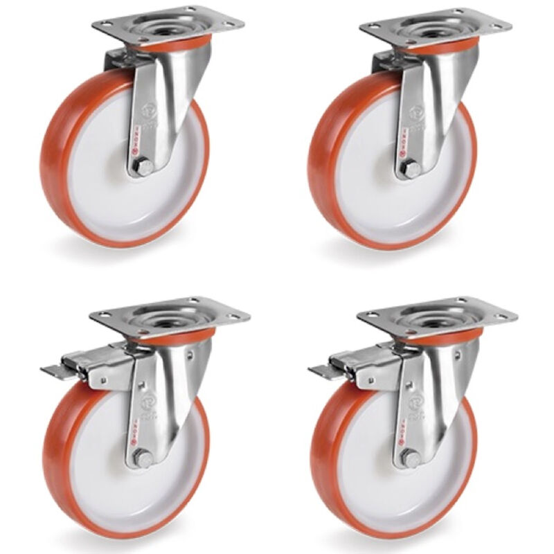 Lot de 4 roulettes inox pivotantes et pivotantes à frein polyuréthane rouge 100 mm - 510Kg