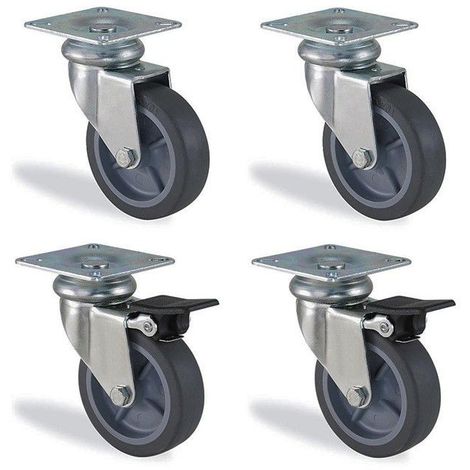 Lot roulettes pivotante et pivotante à frein caoutchouc gris diamètre 75mm charge 180kg