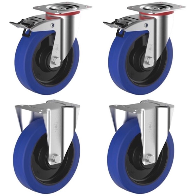 Lot de 4 roulettes pivotantes à frein et fixe caoutchouc easyroll® bleu 100 mm charge - 540 Kg