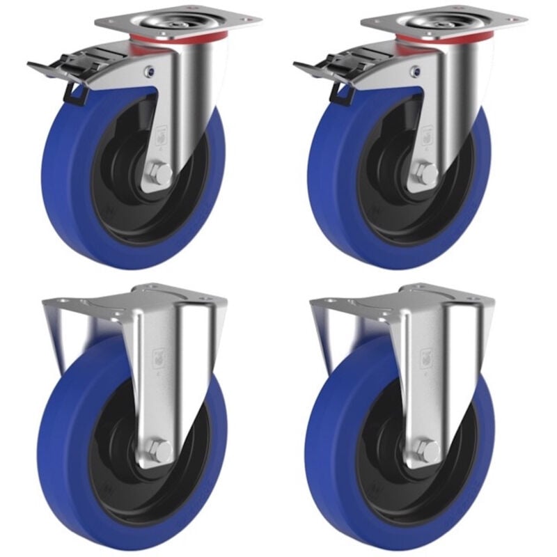 2gt Roues Et Roulettes - Lot de 4 roulettes pivotantes à frein et fixes caoutchouc easyroll® bleu 125 mm charge - 600 Kg