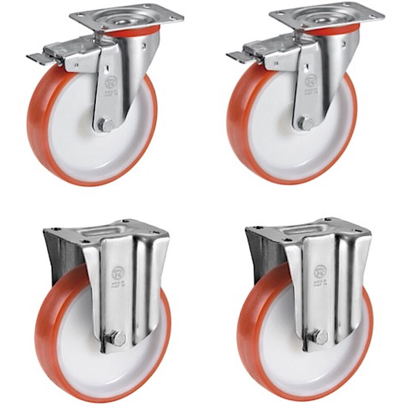 Lot de 4 roulettes pivotantes à frein et fixes polyuréthane rouge 125 mm - 660 Kg