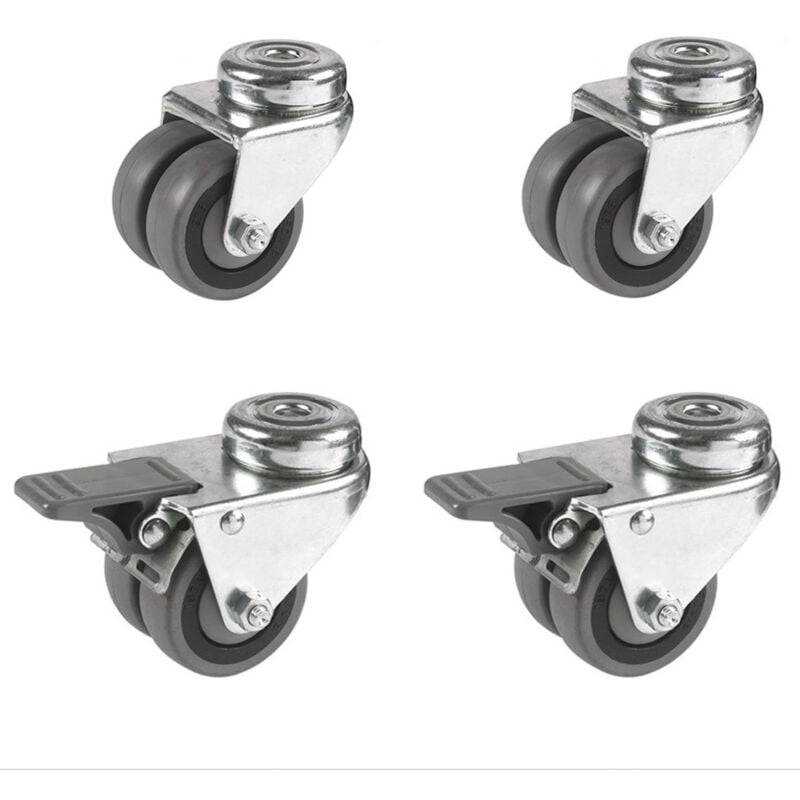 Lot de 4 roulettes oeil jumelée pivotantes et freins caoutchouc gris 50 mm - 180 Kg