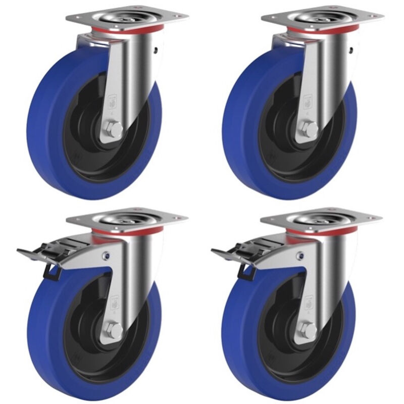 Lot de 4 roulettes pivotantes et pivotantes à frein caoutchouc easyroll® bleu 125 mm charge - 600 Kg