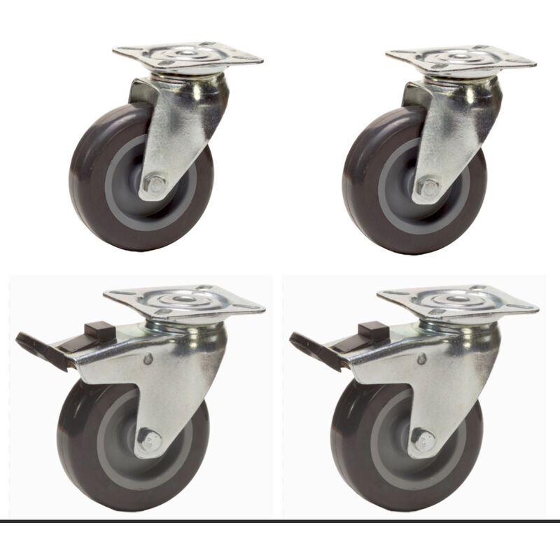 Lot roulettes pivotantes et pivotantes à frein Caoutchouc Thermoplastique gris 100 mm - 270 Kg