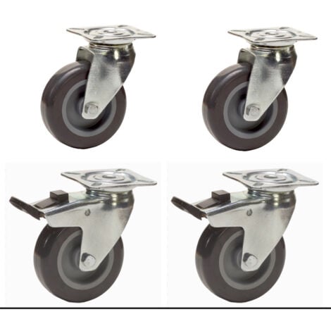 Lot roulettes pivotantes et pivotantes à frein caoutchouc gris 75 mm - 180 Kg