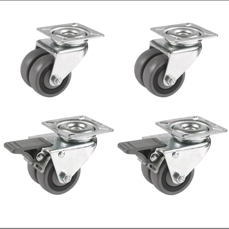 2gt Roues Et Roulettes - Lot de 4 roulettes pivotantes et pivotantes à frein jumelées caoutchouc gris 50 mm - 180 Kg