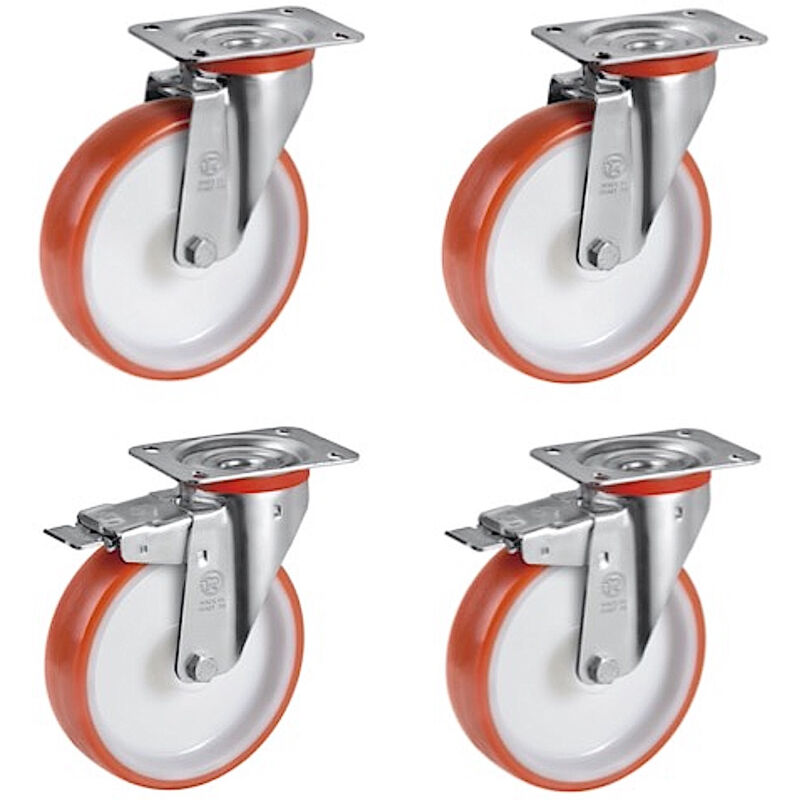 Lot de 4 roulettes pivotantes et pivotantes à frein polyuréthane rouge 80 mm - 360 Kg