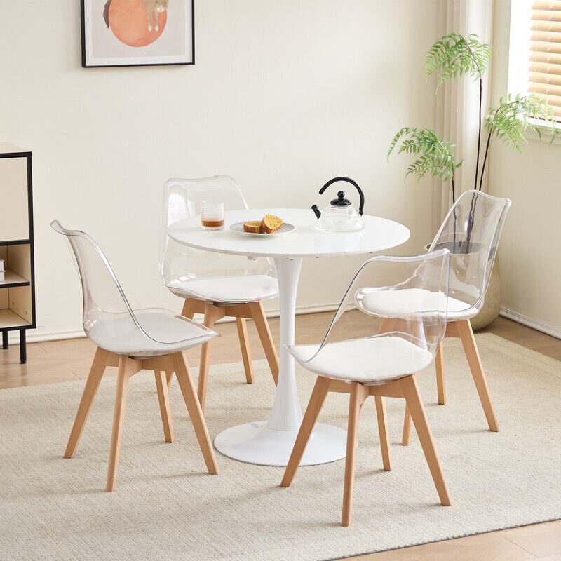 Lot table et 4 chaises rondes modernes (80 cm) - Chaises en acrylique transparent - Pieds en bois massif