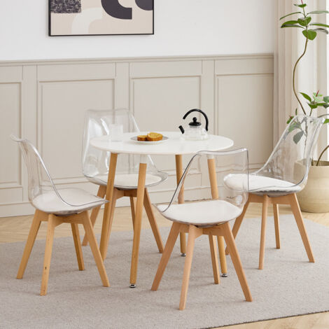 Lot table et 4 chaises - table round - Scandinave - Chaises en acrylique transparent - Pieds en bois massif