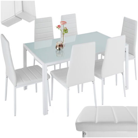 Tectake – Ensemble table et chaises de salle à manger 7 pièces – Acier blanc – Plateau en verre de sécurité – Dossier haut pour confort optimal