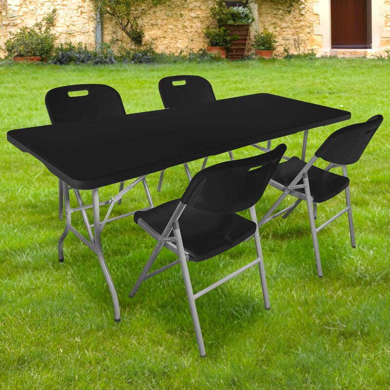 Sky Lantern - Lot Table Pliante et 4 Chaise Pliante Noires - Table Exterieur et Chaise Pliante Confortable - Table Camping Pliante avec 4 Chaise