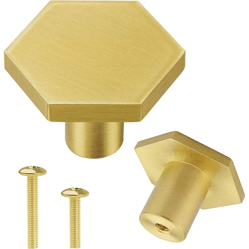 Lot de 4 Boutons de Meubles en Laiton Massif - Poignées de Porte Boutons de Tiroir Dorés avec Vis - Poignées de Meubles Hexagonales pour Placards de