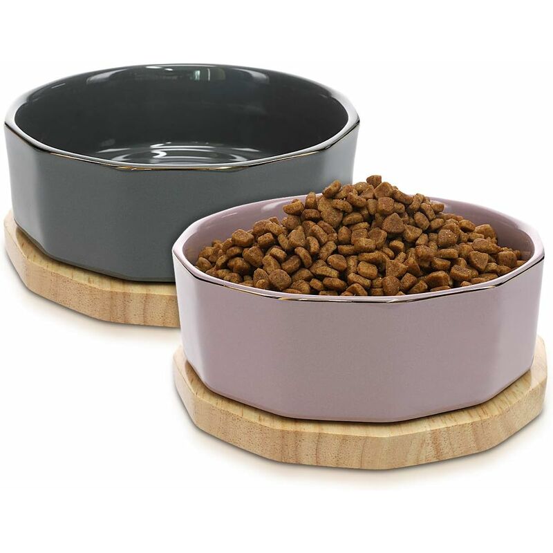 

Lote 2 cuencos de cerámica - cuenco de diseño para cachorro de perro gato 800 ML con soporte de madera de roble - juego 2 cuencos elevados con base