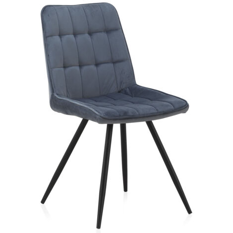 Lote 2 Sillas Tapizadas Terciopelo Azul Claro, Patas Metal Negro