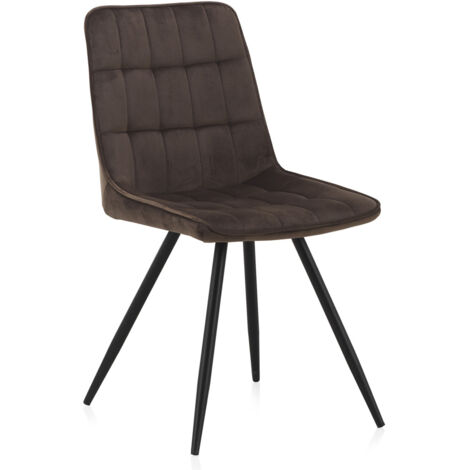 Lote 2 Sillas Tapizadas Terciopelo Marrón, Patas Metal Negro