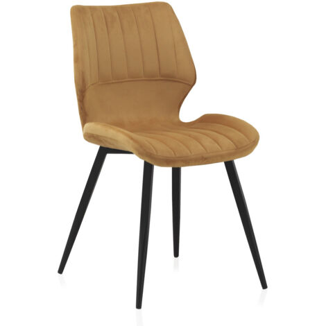 Lote 2 Sillas Tapizadas Terciopelo Mostaza, Patas Metal Negro