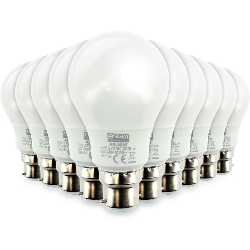 

Lote de 10 bombillas LED B22 9W eq 60W 806Lm | Temperatura de color: Blanco frio 6000K