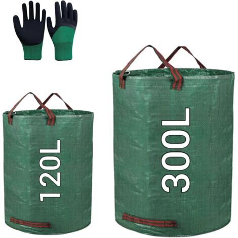 Lote de 2 bolsas de jardín profesionales, bolsas de desechos de jardín reutilizables (120 l y 300 l), bolsas de hojas, bolsas para escombros de jardín, bolsas resistentes para césped y hojas, con