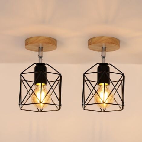 GOECO Juego de 2 lámparas de techo industriales vintage, lámpara de metal y madera, pantalla E27, lámpara colgante retro para pasillo, cocina, dormitorio, sala de estar, Ø14 cm
