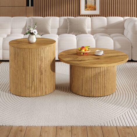 Lote de 2 mesas bajas nido - mesa baja redonda - con tableros de madera - 75x36/50x50,5 cm - Natural