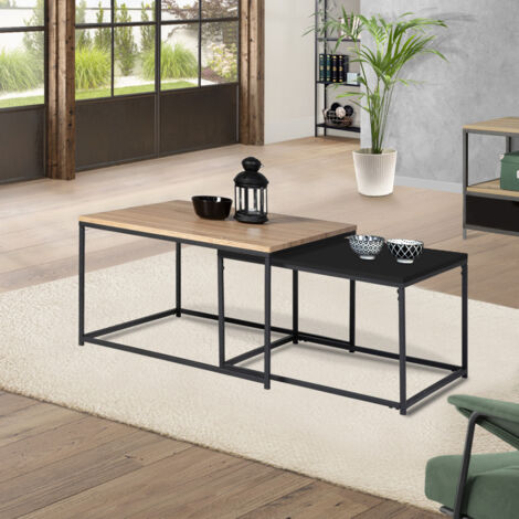 Lote de 2 mesas de centro DENTON 60/70 de metal negro y madera de diseño industrial