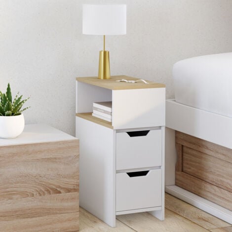 IDMARKET Lote de 2 mesitas de noche ANOUK de 2 cajones con nicho lateral reversible blanco y madera