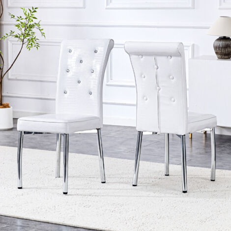 Lote de 2 sillas de comedor - adornadas con hebillas de cristal - Patas de metal con acabado plateado - Imitación de cuero blanco