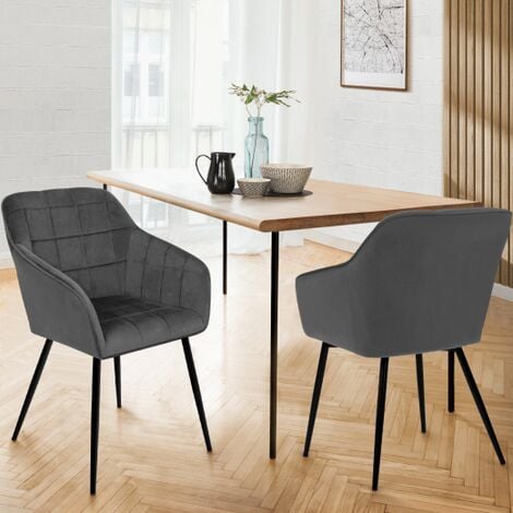 IDMARKET Lote de 2 sillas de comedor MADY de terciopelo gris oscuro con reposabrazos