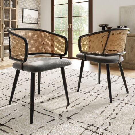 Lote de 2 sillas de comedor - respaldo de ratán - cómodas y transpirables - cojines de asiento de terciopelo - gris