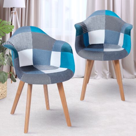 Lote de 2 sillas de comedor SARA de patchwork escandinavo azul