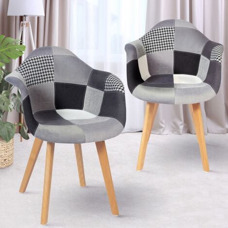 IDMARKET Lote de 2 sillas de comedor SARA de patchwork escandinavo en negro, gris y blanco