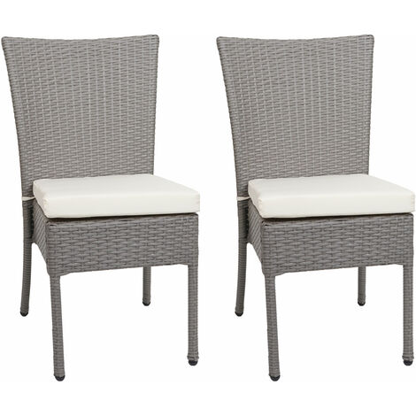 Lote de 2 Sillas de Poly Rattan HHG-949, Silla de balcón Silla de jardín, apilable, gris, cojines crema