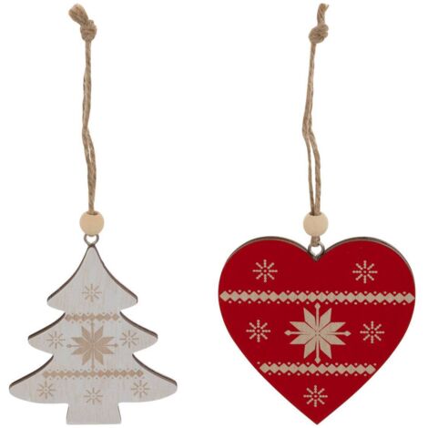 Lote de 2 sujetos de madera de abeto beige y corazón rojo H.8cm - Atmosphera créateur d'intérieur