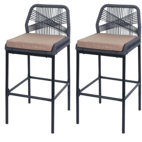 Lote de 2 taburetes de bar de cuerda HHG-988, asiento exterior de mimbre de cuerda metal, antracita, cojín topo