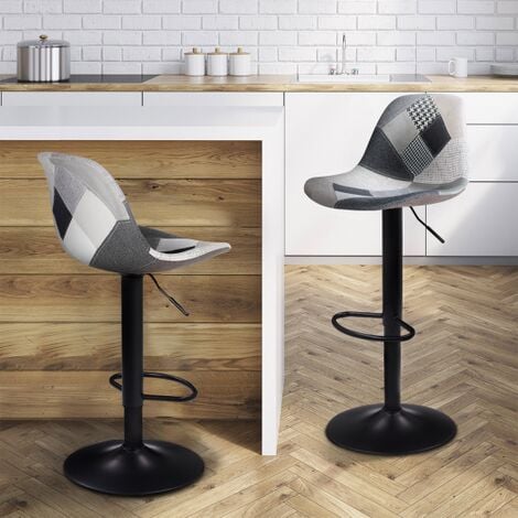 Lote de 2 taburetes de bar KARL patchwork negro, gris y blanco con patas negras