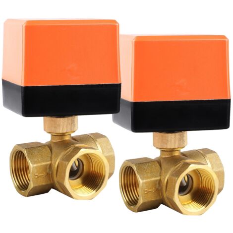 Lote de 2 válvulas esféricas de 3 vías DN20 G3/4" 230 V AC, latón, para control de flujo y cierre de conmutación.