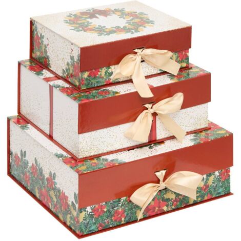 Lote de 3 cajas rectangulares de regalo rojas y blancas con la corona Dream impresa - Feeric lights & christmas