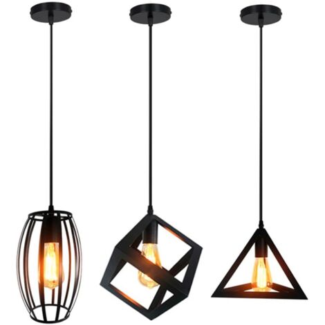 lote de 3 Lámpara Colgante Industrial Metal Jaula Lámparas de Techo Vintage Interior E27 para Salón Dormitorio Cocina, Negro