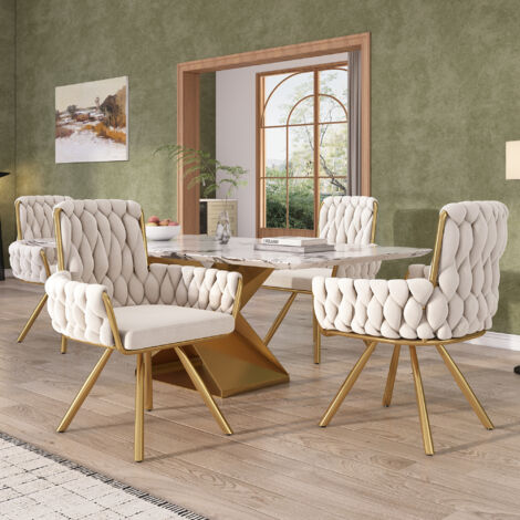 Lote de 4 sillas 360° con reposabrazos patas metálicas tapizado en terciopelo patas metal beige para salón dormitorio