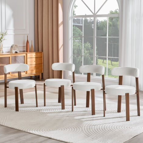 Lote de 4 sillas de comedor con patas de madera, acolchadas y con respaldo, en lino blanco