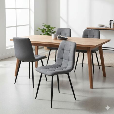 Lote de 4 sillas de comedor tapizadas en terciopelo gris - Diseño ergonómico y patas de metal negro