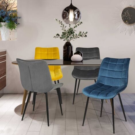 IDMARKET Lote de 4 sillas MADY en mezcla de terciopelo color azul pato, gris claro, gris oscuro, amarillo